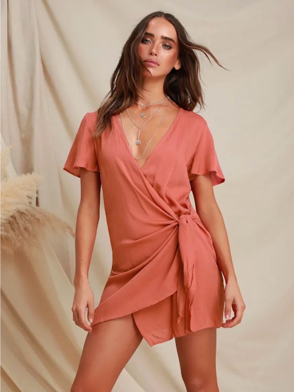 Tie-Waist Rust Wrap Dress